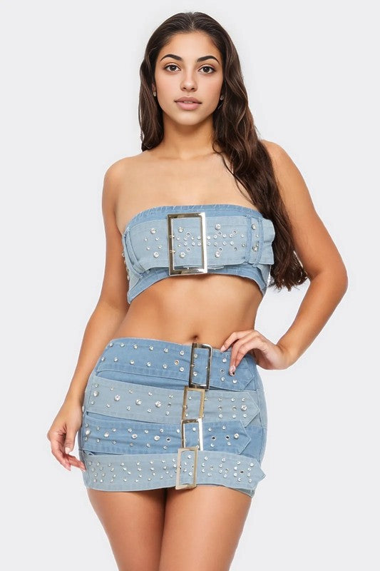 Buckle Up Denim Skirt Set