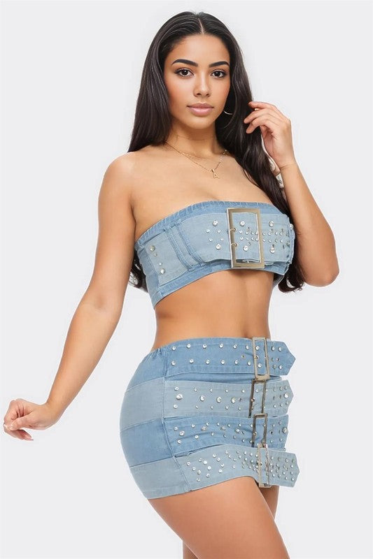 Buckle Up Denim Skirt Set